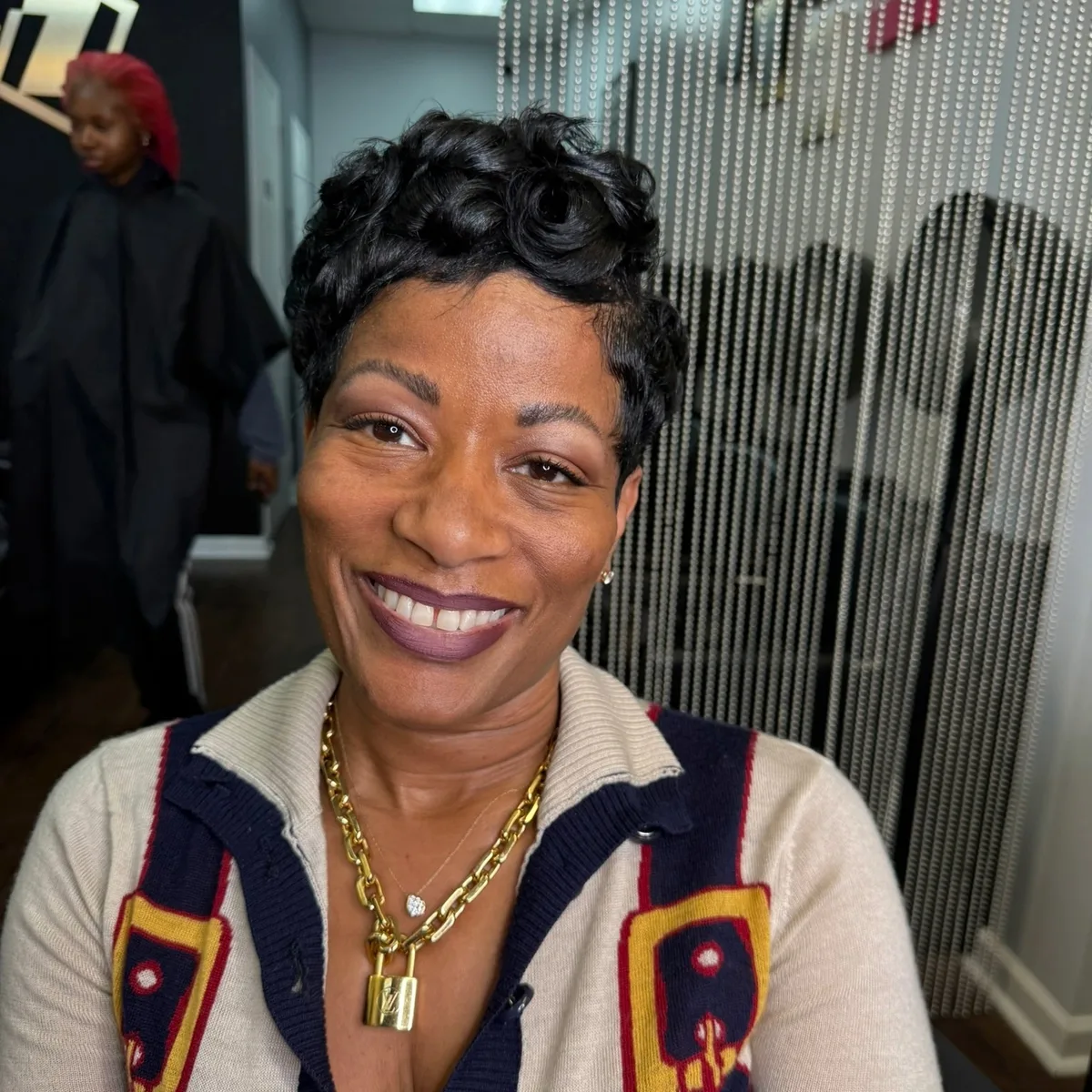 Modern short hairstyle with side swept bangs