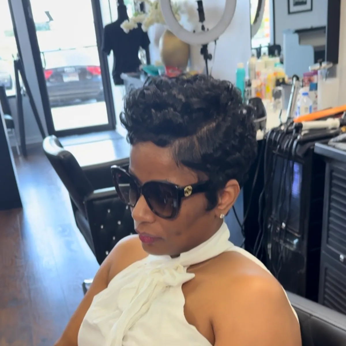 Layered pixie cut with warm brown tones